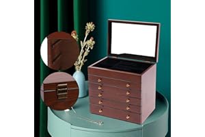 SHIYINGE 6-poziomowa szkatułka na biżuterię, pudełko do przechowywania biżuterii, z lustrem, drewniana, duża szkatułka na biżuterię i szufladka, duże pudełko na biżuterię, w stylu retro, prostokątne, brązowe