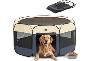 A 4 Pet Hundelaufstall Pop-Up Design, Welpenlaufstall faltbar für Hunde Katzen mit Reisverschluss Oben, für Wohnung, Outdoor, mit Klappbarem Napf,Blau,L