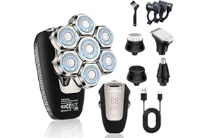 BarberBoss Afeitadora Cabeza Hombre, Afeitadoras Barba, 7D Cabezales Rotatorios Eléctricos 5 en 1, Afeitadora Hombres Calvos, Recortador Orejas y Nariz, Kit Cuidado Facial Todo en Uno | QR-2025