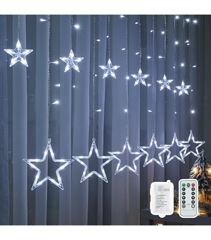 12 Sterne LED Lichtervorhang Mit 138 LEDs – 8 Modi, Timer, IP44, 31V – Für Innen & Außen, Warmweiß