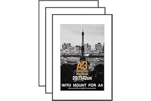 Hesmor A3 Picture Frame Aluminum Acrylic in Black, Photo Frames 12 x 16.5 inch Size A3 Frame with Clear Plexiglass for Wall Mounting, Set of 3 Poster Frame with Mount for A4