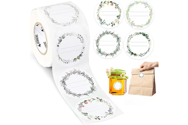 AiQInu Etiquettes Autocollantes Bocaux, 200PCS 5CM Rouleau Étiquettes à Confiture avec 4 motifs différents, Vierge Étiquettes Autocollante Inscriptibles pour Bocaux, D'épices, Cuisson, Cadeau