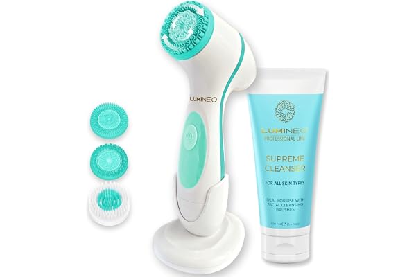 LUMINEO Classic Brosse Nettoyante Visage Électrique USB + Gel Nettoyant TOUS TYPES DE PEAU – Nettoyage Profond Anti-Points Noirs & Imperfections – 3 Têtes, Massage et Exfoliation