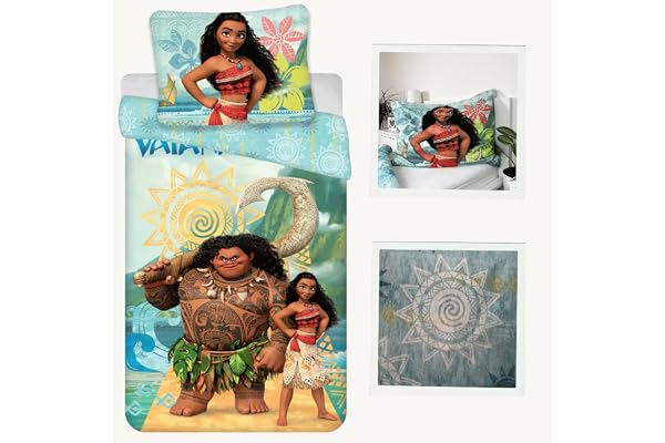 Vaiana Oceania Enkelsäng Påslakan 140x200 + Örngott 50x70 Bomull Disney | Vändbart sängset | Naturlig bomull andningsbar | Officiellt Disney | Flickor 4-10 | Present