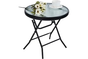 ‎PHI VILLA PHI VILLA Klappbar Runder Beistelltisch Glas aus Metall Gartentisch Kaffeetisch Klein Balkontisch wetterfest pflegeleicht für Balkon Garten Terrasse Wohnzimmer