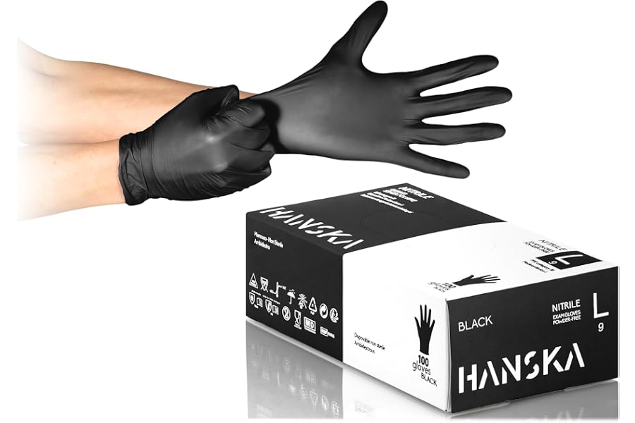 HANSKA 100 Guanti Monouso Nitrile Neri - Senza Polvere - Usa e Getta- Ambidestri - Non Sterili - Base di Gomma - Adatti per A