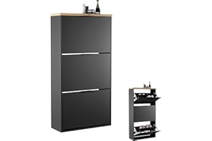 ‎PLANETMÖBEL Planetmöbel Schuhschrank schmal mit 3 Klappen platzsparender Schuhregal mit 6 Ablagen, Schuhkommode für Diele, Flur, Garderobe 60 x 23 x 118 cm, schwarz