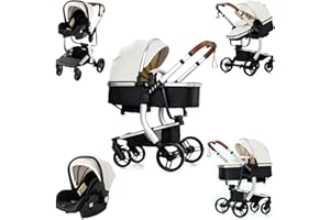 Nine point nine Cuir PU Poussette 3 en 1, Poussette Bebe avec Double Modes de Poussée Réversibles, Poussette Canne avec Grande Nacelle Confortable, Pousette Cadre Aluminium Haute Paysage (518 White)