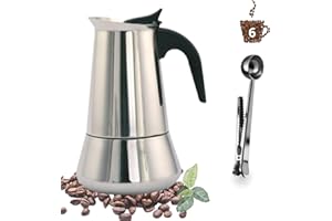 RAMBUTAM Cafetera Italiana Inducción 6 Tazas(330ml) + Cacito de REGALO, Cafetera Acero Inoxidable Apta para todo tipo de cocinas Cafeteras Vitrocerámica, Inducción, Gas…