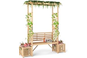 HOMASIS Arche de jardin 2 places avec banc, pergola en bois extérieur, treillis pour plantes grimpantes et grimpantes, parc patio, naturel