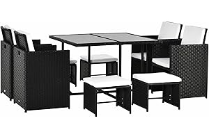 Outsunny Conjunto de Muebles de Jardín Comedor 9 Piezas de Ratán Apilables con Cojines para Terraza 1 Mesa 4 Sillas y 4 Taburetes de Exterior Elegante Negro