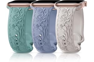 GRTREES 3 Stück Floral Gravierte Armband Kompatibel mit Apple Watch Band 40mm 41mm 38mm 42mm 44mm 45mm 49mm, Silikon Rose Ersatzarmband Kompatibel mit iWatch Armband Se Ultra 9 8 7 6 5 4 3 2 1