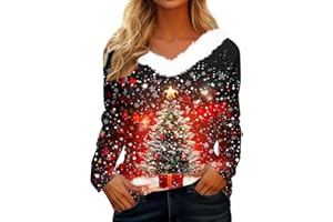 GÉNÉRIQUE Pull Moche De Noel,Chemise Noel Femme Col V Fourrure Manches Longues Drole Original Mode T Shirt Christmas Moche Lumineux Chic Tenue