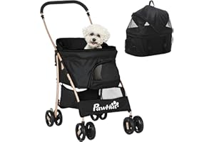 PawHut Carrito para Perros Plegable 3 en 1 Cochecito para Mascotas Carrito para Perros Pequeños con Vagón Desmontable Cesta de Almacenaje Correas de Seguridad y Cojín Carga 15 kg Negro