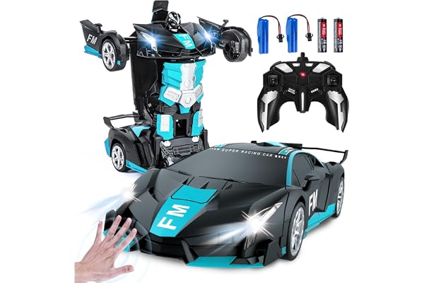 Kazzley Transform Jouet, Voiture Télécommandée Robot avec Capteur Gestuel pour Garçons Filles 3 4 5 6 7 8 9 10 Ans, 2,4GHz Transformable Robot Car avec Piles, Effets Sonores et Lumineux, Bleu-Noir