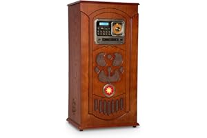 auna Musicbox Jukebox - Retro-Stereoanlage, Musikanlage, Plattenspieler, MP3-fähiger CD-Player,LED-Beleuchtung, Bluetooth, SD, USB, UKW-Tuner, AUX-In, Holz, inkl. Fernbedienung, braun