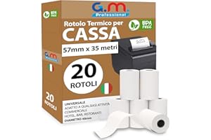 G.M. DISTRIBUZIONE GM 20 Rotolini Cassa Omologati 57mm x 35 Metri - Termica Fiscale BPA FREE - Carta Termica per Scontrini - Rotoli Termici 57x30 57x35-2 Confezioni da 10 Rotolini Cassa - Registratore di Cassa Fiscale