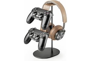QinCoon Controller und Kopfhörer Halter, Aluminium und Holz Gaming Controller & Headset Ständer Halterung für PS5 PS4 Xbox One Nintendo Switch, Universelles Schreibtisch-Game-Zubehör