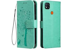 Topme Estuche de Cuero para Redmi 9C / Redmi 9C NFC/Redmi 10A (6.53" Inches), [ Funda para Teléfono Estilo Patrón de Gato y árbol] - Verde