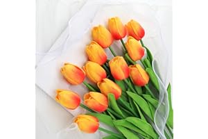 Kisflower 12Pcs Latex Artificial Tulips - Fake Tulips Artificial Flowers Faux Tulips Real Touch Flower for Home Office Wedding Decoration（Red and Yellow）