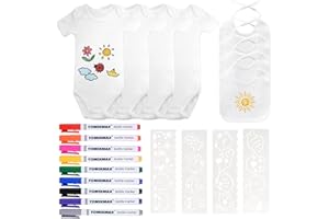 HTTYHT 4 Pièces Bavoir pour Bébé Blanc à Peindre en Coton 4 Bodies Manches Courtes avec 9 Marqueurs Textiles 2 Pochoirs Peindre DIY Bavoirs Bebe pour Garçons Filles Baby Shower Cadeau Fête Prénatale