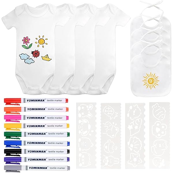 Kit Peinture Bodys Et Bavoirs Bébé - 4 Bodys + 4 Bavoirs + Stylos + Pochoirs, Activité Fête Prénatale