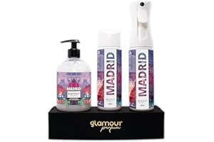 GLAMOUR PARFUM - Pack Ambientador Textil + Recambio 300 ml + Jabón de Manos 500 ml - Ambientador Hogar Madrid - Aroma Especiado - para Pulverizar en la Cama o en Cortinas