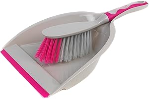 Kleeneze KL062390EU Deluxe Space Saving Handheld Dustpan & Brush Set, Grey/Pink, Soft Grip Handle, Perfect For Dust, Dirt & Crumbs, Ideal For Most Hard Surfaces
