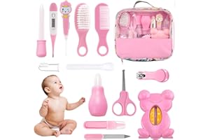 Set para Cuidado del Bebé HyAdierTech 13 piezas Conjunto de Aseo para Bebés Cuidado, Kit de Aseo Nail Clipper Tijeras Cepillo de Pelo Peine Manicura Termómetro, Perfecto para Recién Nacido (Pink)