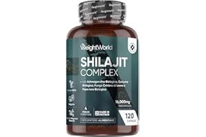 WEIGHTWORLD Shilajit da 16000mg, 120 Capsule Vegane, 4 Mesi di Scorta, 1 al Giorno, con Ashwagandha Bio, Curcuma Bio, Lions Mane Mushroom, Pepe Nero, Shilajit Integratore, Estratto 40:1, Senza Magnesio Stearato