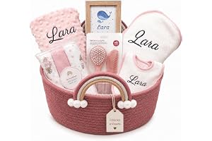 Canastilla Bebe Recien Nacido Personalizada Regalo Original Niño/a | Pack Cesta para Bebes con Manta Toalla Babero Muselina Accesorios con Nombre Bordado Kit y Set Completo Blanco Rosa