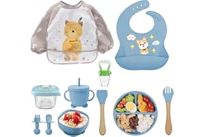 OSKUGLIN Silicone Baby Crockery Set, Children's Tableware, Silicone Baby Spoon and Fork Feeding Set with Suction Cup, 10 Pieces Silicone Tableware Sets Non-Slip Baby Plate Bowl Bib Spoon Fork Children's