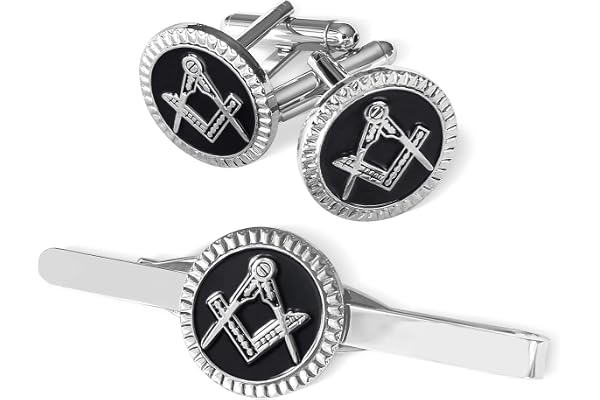 THE MASONIC COLLECTION - Ensemble de boutons de manchette et cravate carrés et boussole pour homme – Plaqué argent – Livré dans une pochette en velours / coffret cadeau – Cadeau franc-maçon pour homme