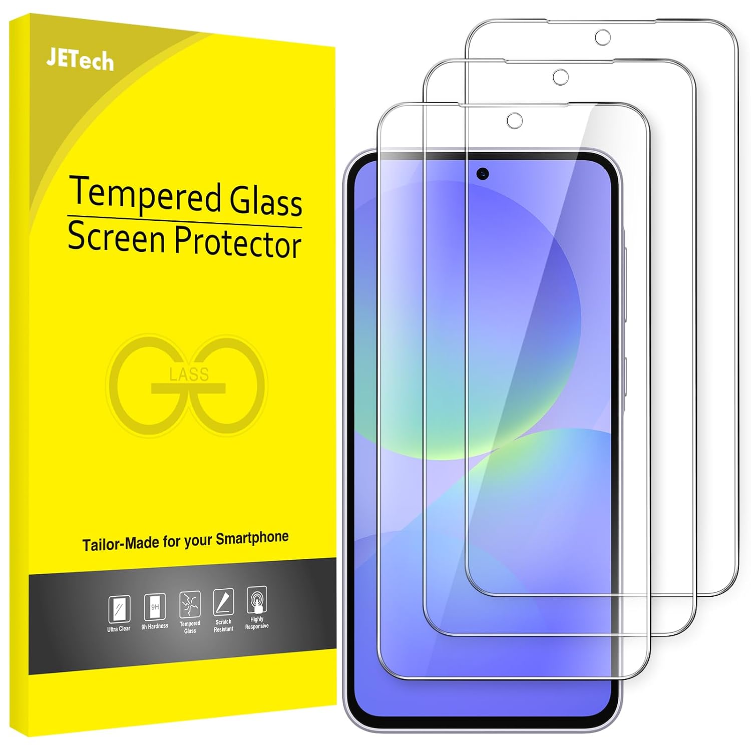 JETech Gehard glas voor Samsung Galaxy A37/A36, 3 stuks | HD-transparant, krasbestendige displaybescherming