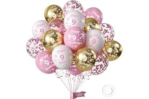 YIRAN Girls 9th Birthday Balloons - Pack of 16, 12in Pink & White Gold Happy 9th Birthday Numbers Balloons for Party Decorations