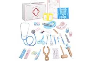 JOFLVA Valigetta medica per bambini, in legno, per dottori, giocattoli, per bambini, stetoscopio, set da gioco, per medici, in legno, per bambini a partire dai 3 anni.