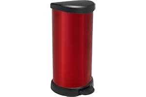 CURVER Poubelle ronde à pédale 40L - Fermeture douce - Aspect Métal - Pour Cuisine, Bureau, Salle de Bain - 29,8 x 34,9 x 69,7 cm - Rouge