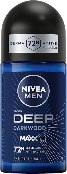 NIVEA MEN Antiperspirant Roll-on for Men, DEEP Black Carbon Antibacterial, Dark Wood Scent, 50ml