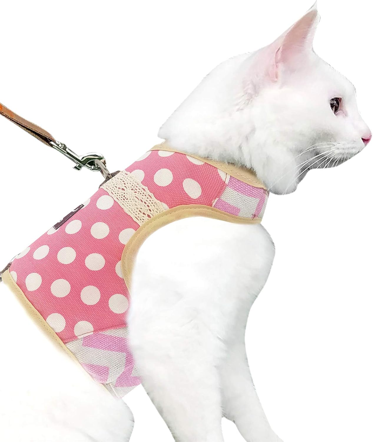 Yizhi Miaow Escape Proof Cat Harness with Leash Large, Adjustable Cat Walking Jackets, Padded Cat Vest Polka Dot Pink