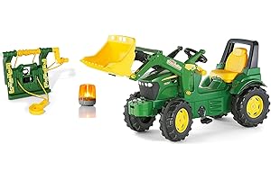 Rolly Toys rollyFarmtrac John Deere mit Frontlader, Seilwinde und Blinklicht (3-teiliges Set, Trettraktor für Kinder ab 3 Jahren mit Zubehör) 710454