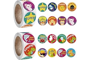 HYNNIO Motivierende Belohnungsaufkleber für Kinder, 2 Rollen, rund, Cartoon-Tiere, Lob Aufkleber, Lehrerbedarf für Klassenzimmer, Anreizaufkleber, Töpfchentraining-Aufkleber, Schulaufkleber, 1000 Stück