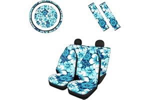 Binienty Hawaiian Aqua Hibiskusdruck Auto Vordersitzbezüge + Stretch Lenkradbezug + Sicherheitsgurtpolster, 7 Stück, universell passend für die meisten Fahrzeuge