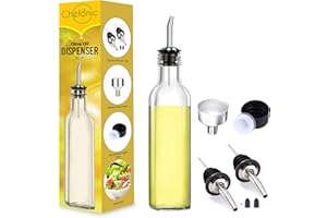Chefonic Glass Olive oil dispenser 500 ml, with 1 Funnel For Easy Refill, 2 Stainless Steel Pourer, Clear Borosilicate Oil Bottle for Kitchen, Cooking Oil Container