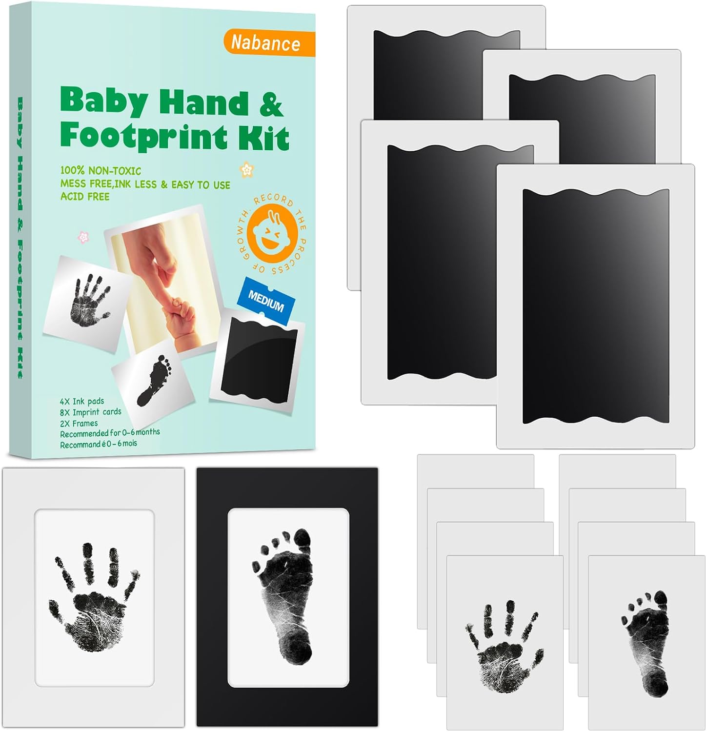 Nabance Baby Footprint Kit & Handprint Kit, 4 Inkless Ink Pads, 2 Photo Frames, 8 Imprint Cards, Safe for Baby Hands and Feet, Family Keepsake Gifts for New Parents, Baby Shower Gifts 0-6 months