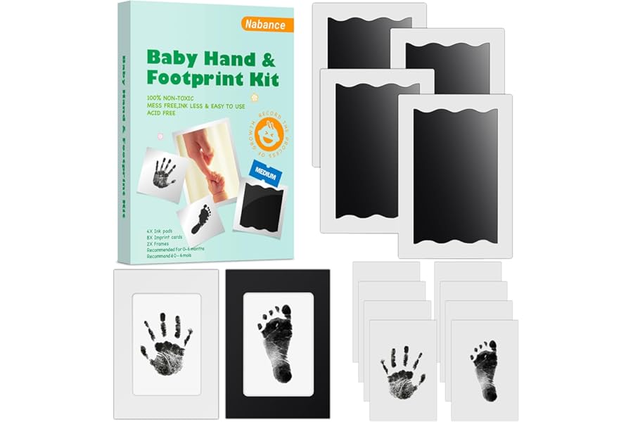 Nabance Baby Footprint Kit & Handprint Kit, 4 Inkless Ink Pads, 2 Photo Frames, 8 Imprint Cards, Safe for Baby Hands and Feet, Family Keepsake Gifts for New Parents, Baby Shower Gifts 0-6 months