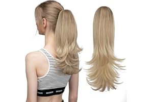 CJL HAIR Short Claw Clip Ponytail Hair Extension Drawstring Synthetic Fake Hairpiece for Women 14" Straight Ponytail with End Curls Dirty Blonde