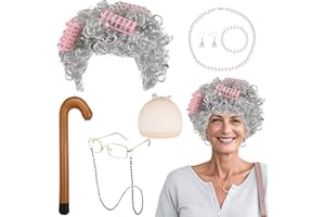 Partideal 15 Pcs Old Lady Costume Set,Grandma Wig Cap Granny Pearl Necklace Earrings Bracelet Cane Hair Rollers Glasses with Chain Dress Kit for Halloween World Book Day Masquerade Carnival