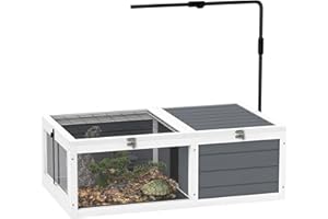 PawHut Tortoise House, Wooden Tortoise Table, Tortoise Enclosure with Adjustable Lamp Holder, Openable Lids, Pull-Out Trays - Grey