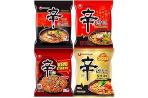 STARRY MART Nongshim SHIN Ramyun Korean Ultimate Spicy Ramen Bundle - Original, Red, Black, Kimchi & Stir Fry Noodles (Shin, Black, Stir Fry & Spicy Chicken)