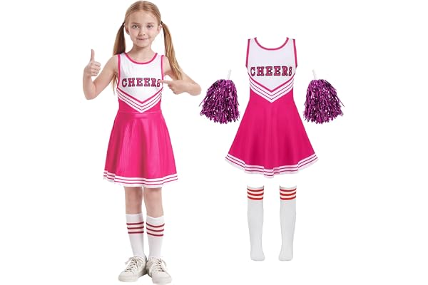 Cnexmin Deguisement Cheerleader Costume De Cheerleader Pour Filles Uniforme De Pom-Pom Girl Cosplay Costume Avec Pompoms Manches Costume Cheer Leader Halloween Carnaval Mascarade,3-12 Ans